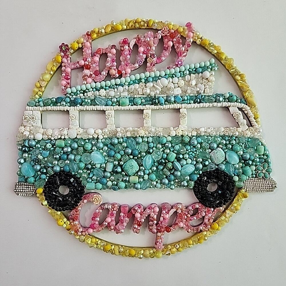 Handmade Happy Camper Embellished‎ Decor 10.5 x 12 RV Wall Repurposed Art Travel